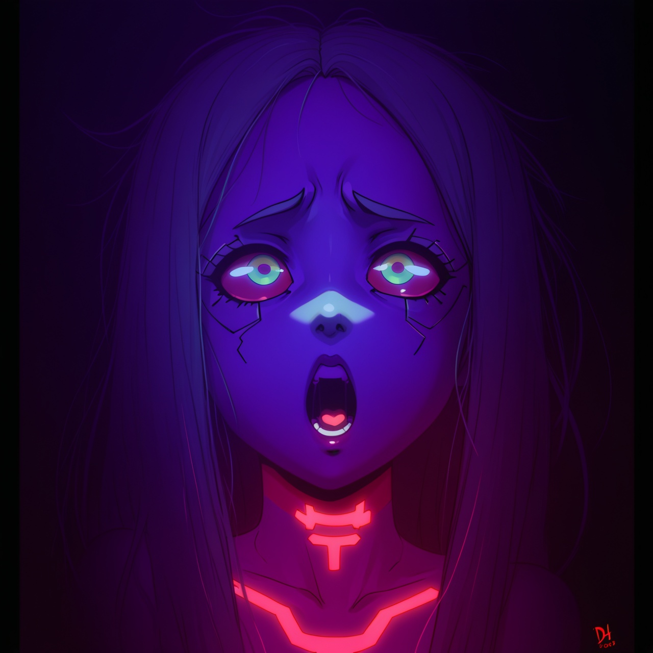 Masterpiece, Best Quality, Amazing Quality, Unfinished, ((Messy Lineart)), Retro Artstyle, 2000s, 1girl, rebecca from cyberpunk, naked, "d'ah" expression face, portrait