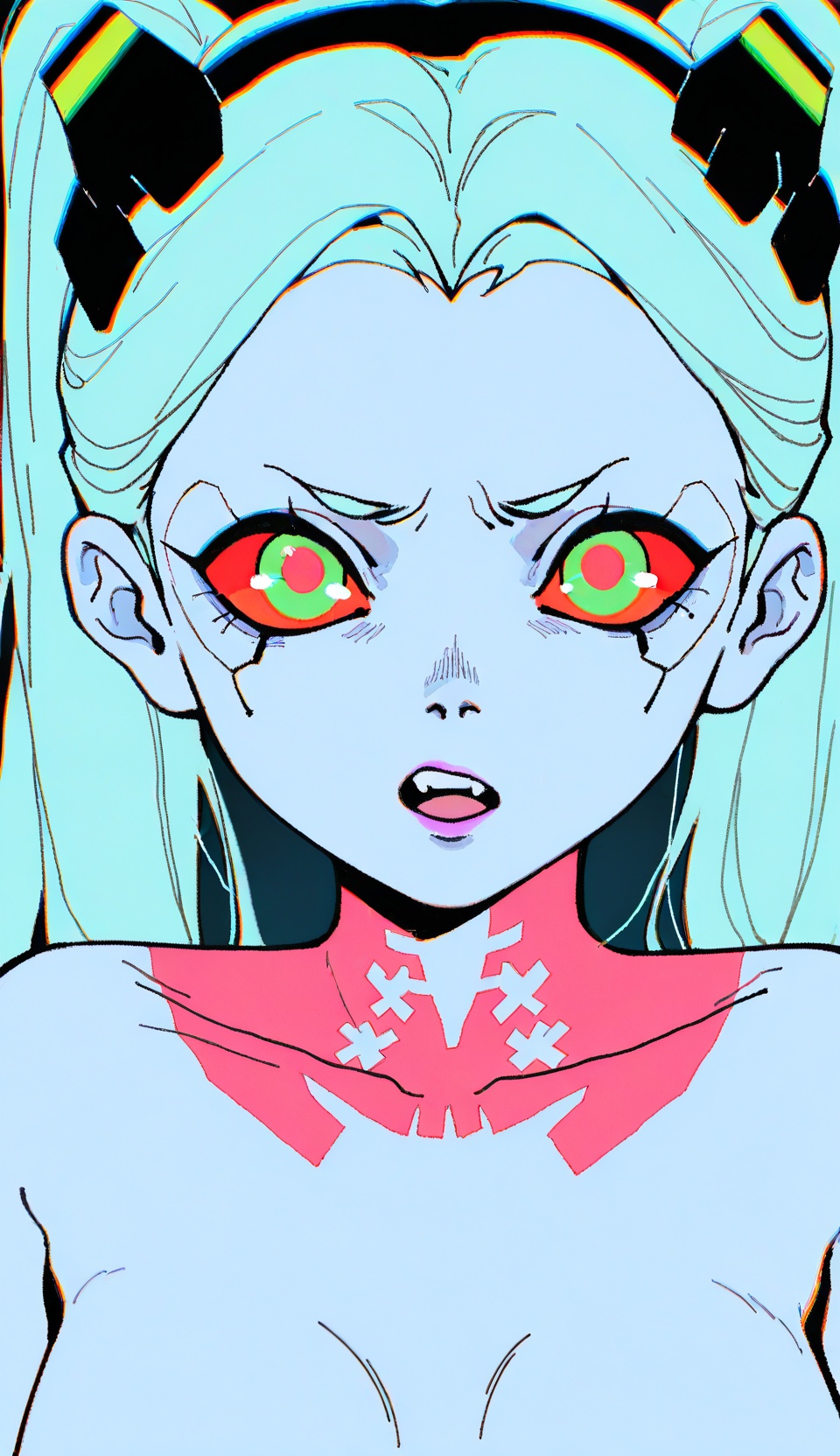 Masterpiece, Best Quality, Amazing Quality, Unfinished, Messy Lineart, Retro Artstyle, 2000s \ (Style \), (Juanmao, Azzz \ (7334080 \) : 1.2), chromatic_aberration, 1girl, rebecca from cyberpunk, naked, big boobs, "d'ah" face, portrait