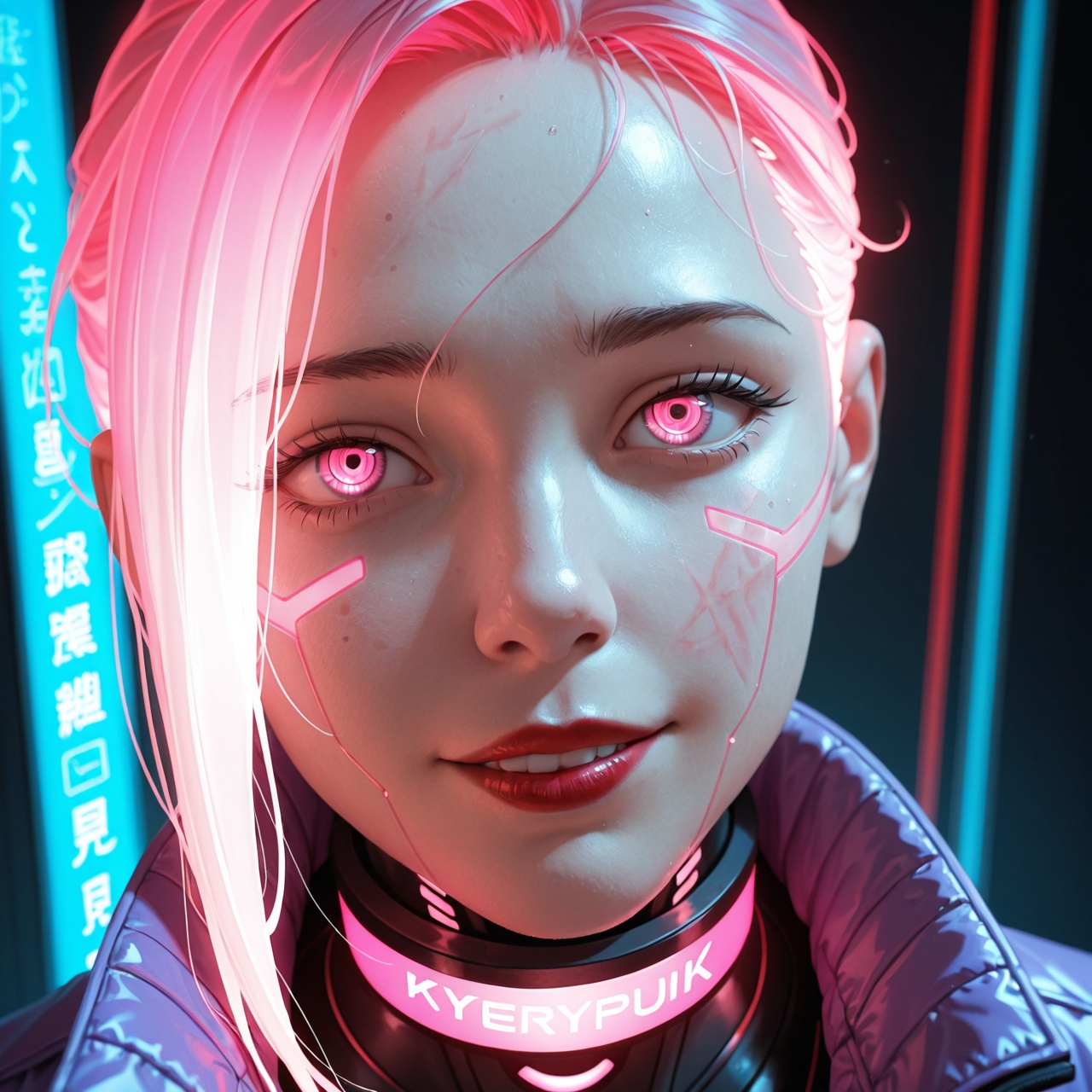 cyberpunk, girl, glowing hair, rtx, augmentation marks all over the body, augmentation marks on the face, artificial eyes, synthetic eyes, mechanical eyes, detailed eyes, small tattoo on the neck, futuristic jacket, glowing jacket collar, purple jacket, jacket made of synthetic skin, rub, bright eyes, pink eyes, fine facial features, pink hair, split left eyebrow, beautiful, high forehead, sharp cheekbones, worried eyes, slight grin, red lipstick, small nose, realistic picture, photo, (Masterpiece)