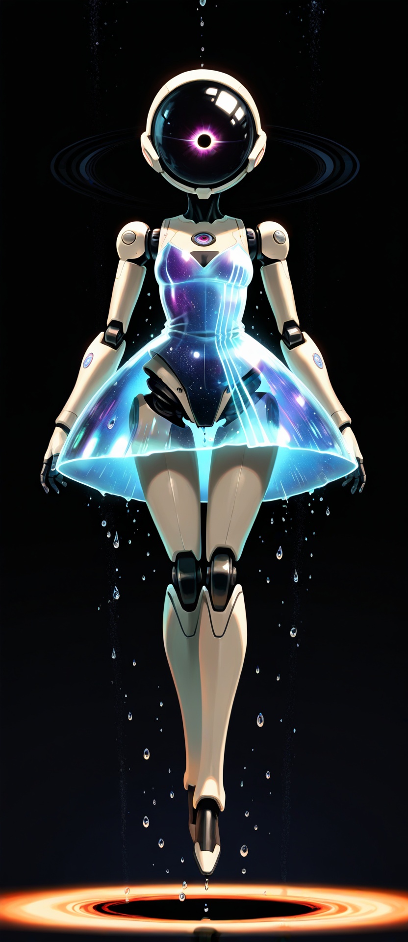 masterpiece, space noir, (android temptress: 1.5), (holographic dress: 1.3), (zero gravity: 1.4), (drops of lubricant-stardust: 1.2), (silhouettes of aliens in the portholes: 1.1), background: space station with a view of a black hole, (reflections in the glass of the helmet: 1.1), (shadow contours: 1.2), palette: deep blue/silver/neon-violet