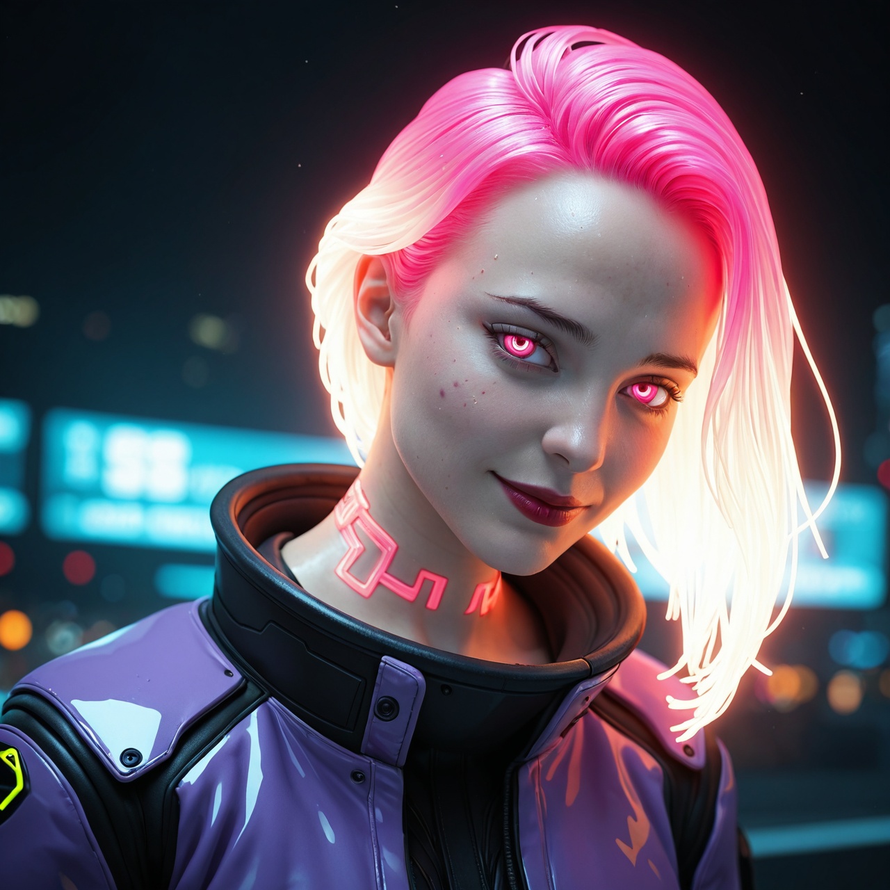 cyberpunk, girl, glowing hair, rtx, augmentation marks all over the body, augmentation marks on the face, artificial eyes, synthetic eyes, mechanical eyes, detailed eyes, small tattoo on the neck, futuristic jacket, glowing jacket collar, purple jacket, jacket made of synthetic skin, rub, bright eyes, pink eyes, fine facial features, pink hair, split left eyebrow, beautiful, high forehead, sharp cheekbones, worried eyes, slight grin, red lipstick, small nose, realistic picture, photo, (Masterpiece)