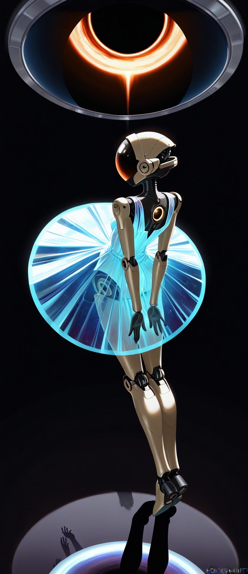 masterpiece, space noir, (android temptress: 1.5), (holographic dress: 1.3), (zero gravity sex: 1.4), (silhouettes of aliens in the portholes: 1.1), background: space station with a view of a black hole, (reflections in the glass of the helmet: 1.1), (shadow contours: 1.2), palette: deep blue/silver/neon-violet,