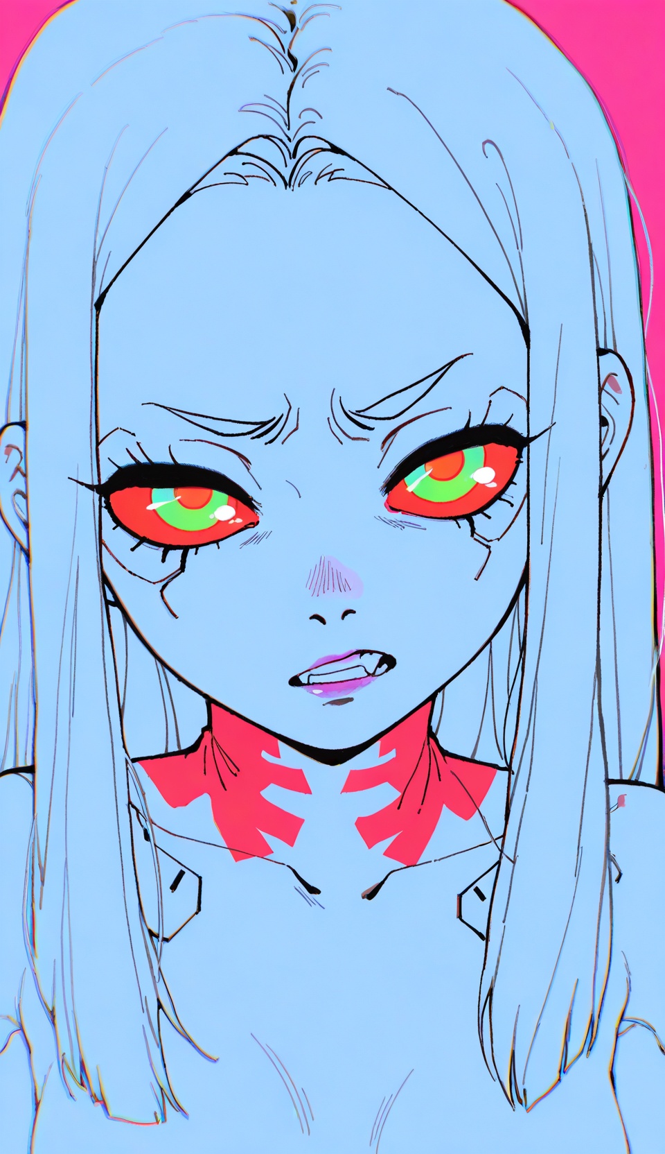 Masterpiece, Best Quality, Amazing Quality, Unfinished, Messy Lineart, Retro Artstyle, 2000s \ (Style \), (Juanmao, Azzz \ (7334080 \) : 1.2), chromatic_aberration, 1girl, rebecca from cyberpunk, naked