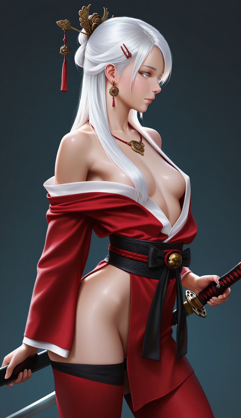 (hypersexual, erotic, suggestive, intimate, provocative), 1 girl, (detailed eyes), (beautiful face), (detailed face), photorealistic, realistic skin, realistic textures, detailed skin, photorealistic, ultra realistic, 8k, in profile, 1 girl, solo, breasts, no clothes, sword, katana, rating:sensitive, weapon, hair ornament, jewelry, earrings, wide opened eyes, white hair, open shoulders, neckline, katana, hair clip, medium chest, closed mouth, simple background, blind, white eyes, red make-up, naked, red tattoes