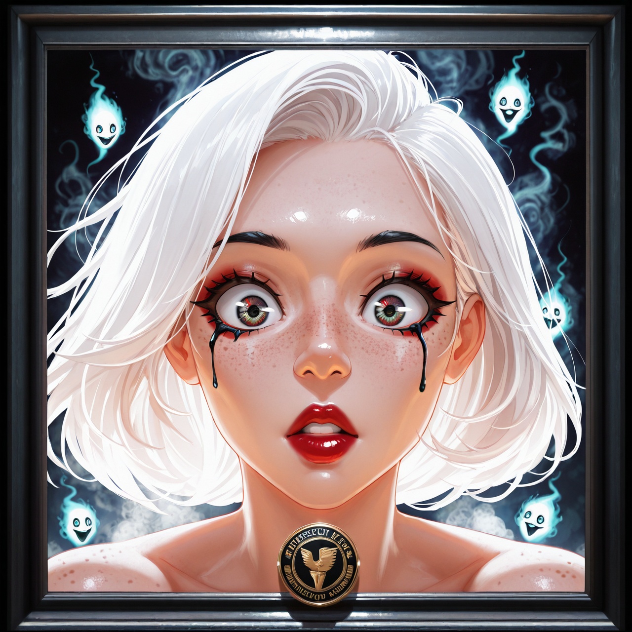 epic composition, cinematic lighting, masterpiece, trending on artstation, very very detailed, stunning, hdr, smooth, sharp focus, high resolution, award, winning photo, dslr, 5 0 mm, girl, adult, thin nose, big eyes, detailed eyes, inc flowed, inc flowed under her eyes, sexy, correct lips, detailed lips, correct facial features, symmetrical face, half closed eyes, black ink tears, portrait, (beautiful), ((fine features)), plump lips, pointed nose, ((white hair)), (red makeup), red lipstick, freckles, mouth open in surprise, 4k, 8k, black eyebrows, thin cheekbones, surprised look, black eyelashes, (((masterpiece))), luminous eyes, spirit, astral body, in the astral, haze, naked, surprised, floating in the air, beautiful, smoky hair, hair from steam, Astral colors, psychedelic dream