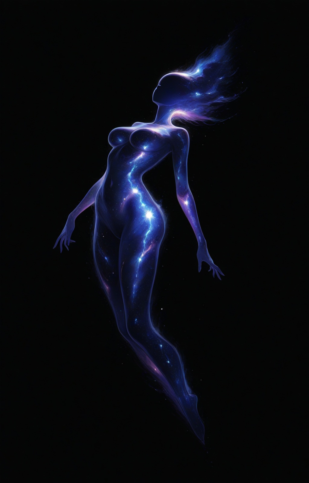 masterpiece, best quality, amazing quality, very aesthetic, high resolution, ultra-detailed, absurdres, newest, fullbody, 1girl, monster girl, (((cosmic body))), nude, abstract, minimalism, simple background, black background
