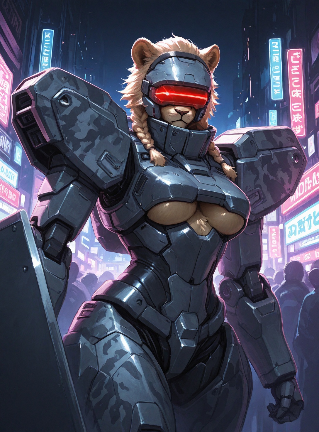 draft_sketch, (sketch:1), (pastel colors), high contrast, traditional media, three quarter view, BREAK, cyberpunk /(theme/), cowboy shot, furry, feral, solo, female lioness, feral lioness, serious, lion ears, braids, (mecha armor), grey camouflage, red lines, underboob, high collar armor, shiny metal, heavy (head-mounted_display), glowing, hold shield, large shield, (riot shield), hold morning star /(weapon/), electric morning star, (dynamic pose:0.4), chunky mobile suit, (foreshortening:0.6), cyberpunk2077 nightcity street, neon lights, outdoors, shaded, night, deep shadows, through the crowd, crowd, people around, epic dark sci-fi fantasy,