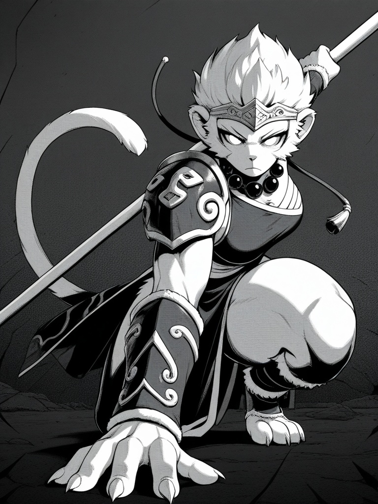source_furry, source_anime, score_9, score_8_up, score_7_up, score_6_up, score_5_up, score_4_up, (toned:0.5), halftone, greyscale, BREAK, furry, feral,mature, solo, female monkey,Wukong Monkey King, animal hands, animal feet, wide hips, muscular, (large breasts:0.6), d&d monk, gold Chinese tiara, evil, glowing eyes, monk outfit, one shoulder plate, arm armor, large bead necklace, (fluffy body), hold two-hand battle staff, simple staff, bo staff, tail, looking at viewer, battle stance, on knee, dynamic pose, foreshortening, (pagoda background:0.8)