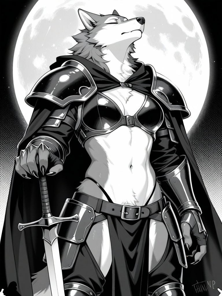 source_anime, score_9, score_8_up, score_7_up, score_6_up, score_5_up, score_4_up, (toned:0.5),halftone, greyscale, BREAK, cowboy shot, furry, anthro, mammal, rodent, solo, female wolf, anthro wolf with charcoal gray fur, werewolf hands, medieval warrior, heavy armor, fluffy navel,fluffy pubic peak,medium breasts, knee pads, breast armor, hip armor, highleg panties, pelvic curtain aside, panties peak, black cloak, armored gloves, planted sword, hands on hilt, shoulder armor, leather belt, (chest harness:0.8). Standing, howl, (Howling at the Moon:1.1), head thrown back,moon, closed eyes