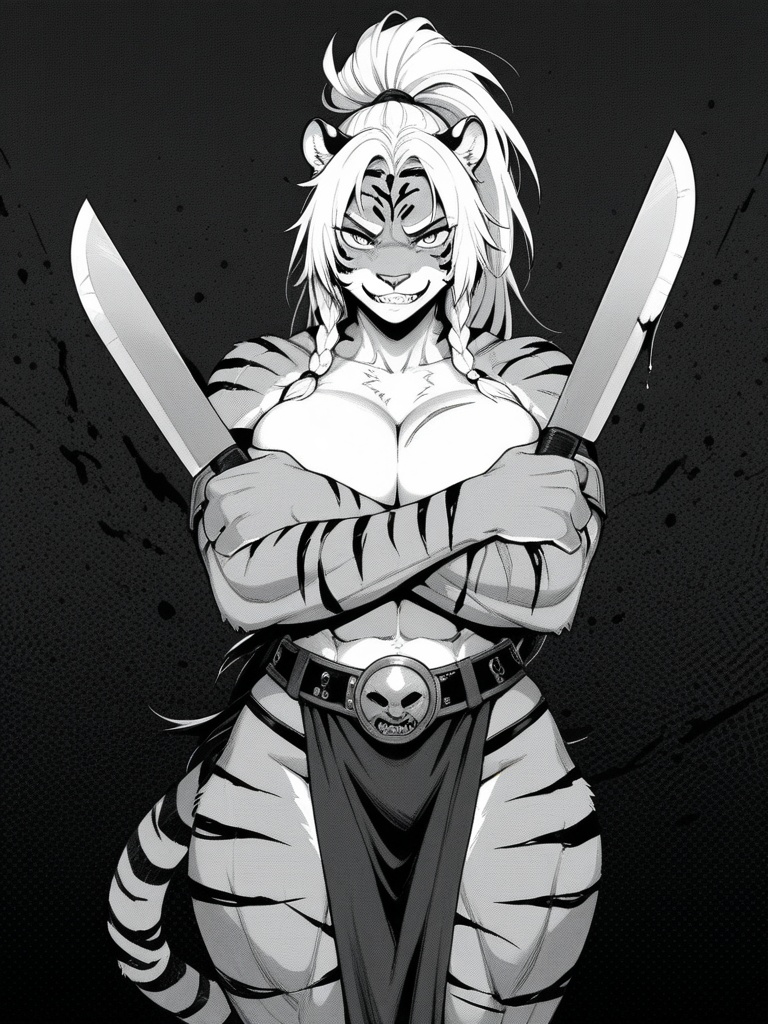 source_furry, score_9, score_8_up, score_7_up, score_6_up, score_5_up, score_4_up, (toned:0.5), halftone, greyscale, BREAK, furry, feral, solo, female tiger,muscular,ABS, feral tiger, animal hands, tiger nose, animal ears, d&d barbarian, evil grin, viking, fluffy,fluffy tummy, high ponytail, braid, sharp claws, tail, crossed_arms, dual_wielding, hold large machete,Serrated Blade, squeezed breasts, topless, pelvic curtain, belt, hips slit,armbands, huge breasts, skindentation, wide hips, scars, standing, looking at viewer, Blood splash background