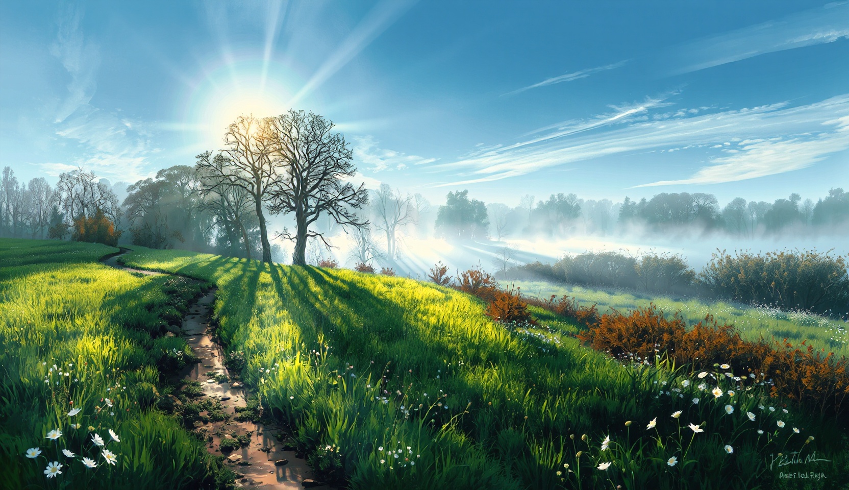 Traditional art. Create an impressionistic image of a forest edge with a blue sky, sun rays and a play of light and shadow on the grass. A path winds along the edge of the forest, inviting you to take a walk. The emerald grass is covered with dew, and in the foreground are delicate spring flowers. The trees are shrouded in fog, creating an atmosphere of mystery. Silhouettes of trees and bushes merge with the horizon. Use soft tones to create a feeling of early morning and harmony with nature..