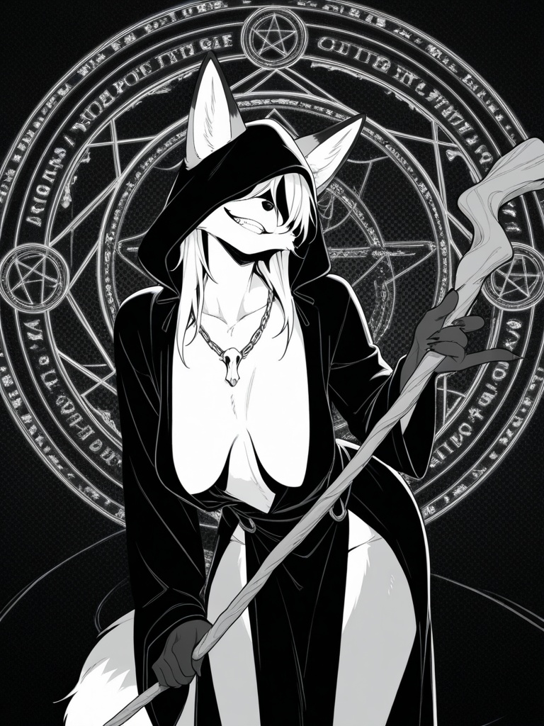 source_anime, score_9, score_8_up, score_7_up, score_6_up, score_5_up, score_4_up, (toned:0.5),halftone, greyscale, BREAK, cowboy shot, furry, anthro, mammal, solo, female fox, anthro fox, animal hands, fox face, large fox ears, fox tail, medieval wizard, evil grin, necromancer, cultist, bones necklace, black robe, open robe, hood up, hood over eyes,breasts curtain, sagging breasts, hanging breasts,pelvic curtain, fluffy, medium breasts, leaning forward, arched back, hip tilt, hold spiral wooden staff, standing, (Dynamic pose) , fox shadow puppet, flowing and elegant.magic circle background