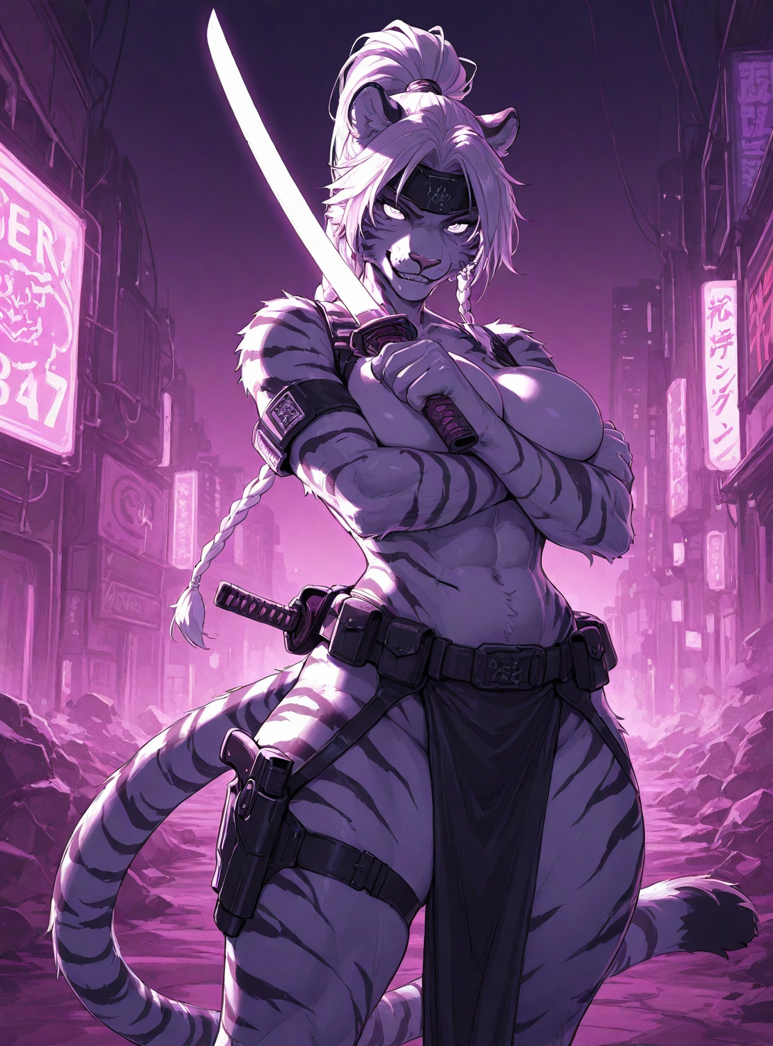 draft_sketch, (sketch:1.2), (pastel colors), traditional media, three quarter view, BREAK, cyberpunk /(theme/), furry, feral, solo, female tiger,berserk ,muscular,ABS, feral tiger, animal hands, tiger nose, animal ears, evil grin, fluffy,fluffy tummy, high ponytail, braid, tail, crossed_arms, (dual_wielding), hold katana \(weapon\), neon glowing cyber-katana, (squeezed breasts, topless:0.8), pelvic curtain, forehead_protector, belt, hips slit,armbands, large breasts, skindentation, wide hips, tactical belt with a hip holster, belt with straps on the belt, (scars:0.8), standing, looking at viewer, cyberpunk2077 nightcity,outdoors, shaded, night, deep shadows, epic dark sci-fi fantasy,