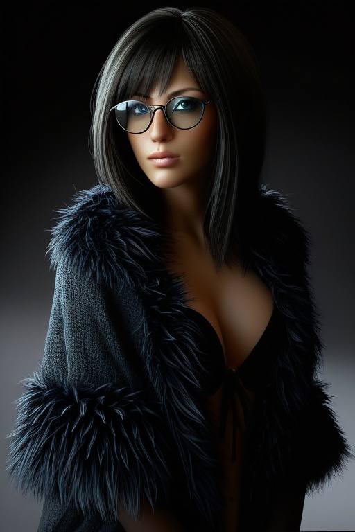 Graphic drawing, ultra graphics, ultra render, high resolution, incredible detail, detailed lighting and shadow, fema, dark shaggy hair, round glasses, sexy mantles