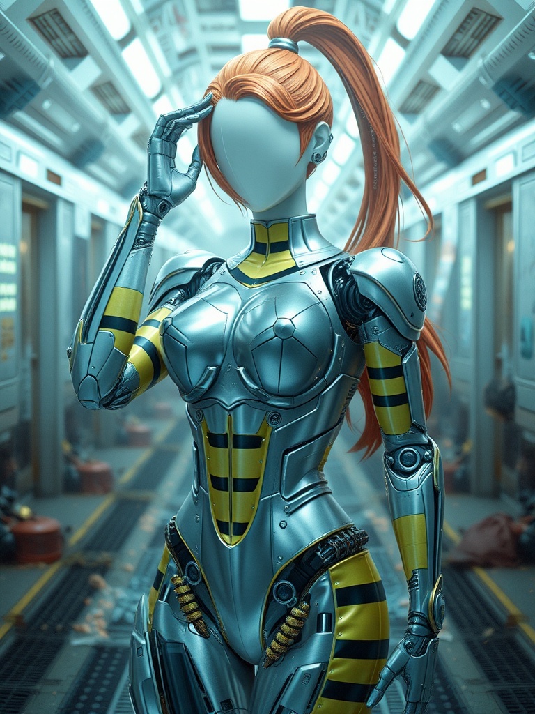 1girl, masterpiece, best quality, amazing quality, JinGitaxiasMTG, robot woman, mechanical breasts, perky nipples, pale skin, silver metal covering her body, solo, one hand touching her head the other cups her breast , wearing high neck yellow striped latex one piece full coverage bodysuit with black hazard stripes, slim body, space station hallway background, artificial red hair in a high ponytail, large perky breasts, mechanical robot hands. feet made to look like stiletto heels, her face is a blank panel of metal, faceless robot, her faceplate is carefully shaped to give the impression of having a face underneath noface, cyborg
