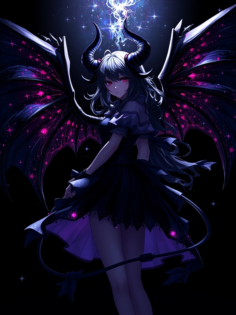 score_9, score_8_up, score_7_up, score_6_up, detailed, contrast, masterpiece, illustration, 1girl, starry_morph, gorgeous demon girl, horn, demon wings, starry hell, , dark theme, dim lighting, black theme, dark background, dark room, black background, silhouette, backlighting, starry_morph