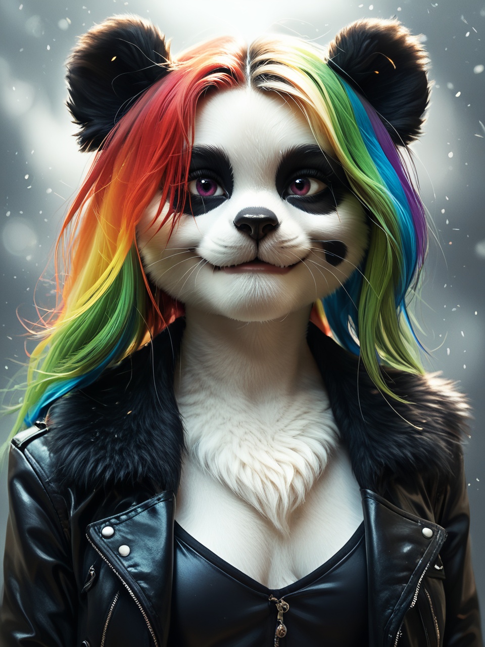 character focus, abstract art, score_9, score_8_up, score_7_up, realistic details, furry, furry female, anthro, (panda, long rainbow hair, fluffy, neck fluffy, tail, pubic fluffy, animal nose, animal ears:1.2), looking ahead, happy, naughty face, hair over eyes, rainbow fluffy fur body, Rainbow leather jacket, rainbow skirt