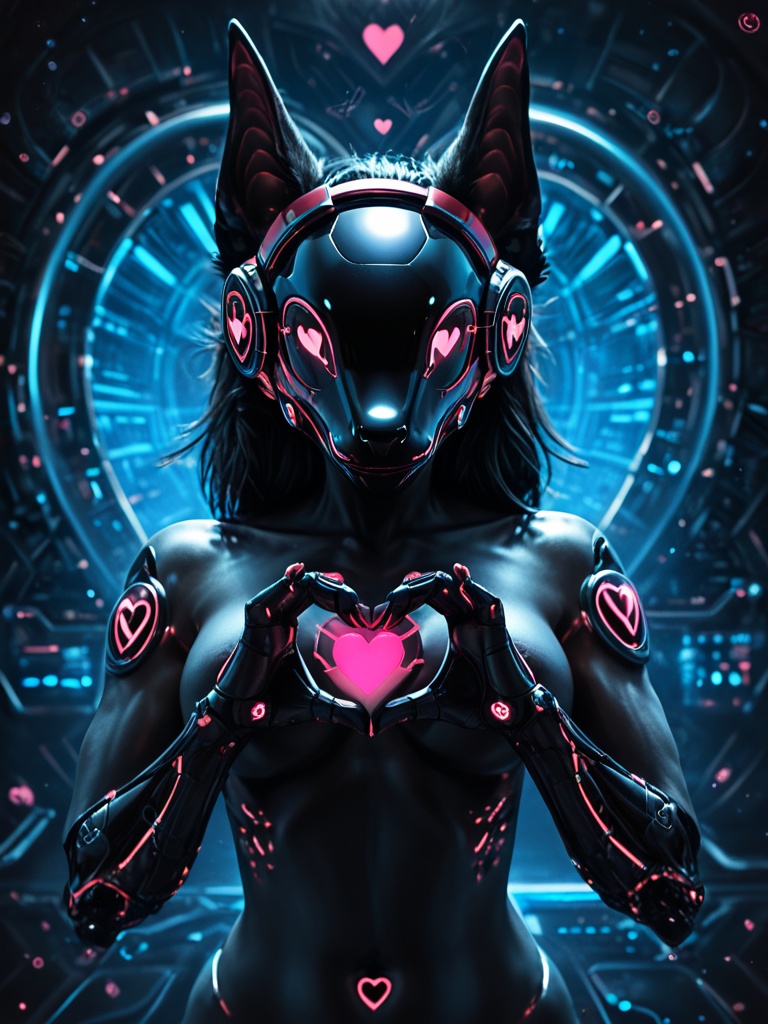 (anubis), jackal, protogen, solo, pose, (heart sign, hand heart, oppai heart), female, naked, cyborg,
medium breasts, protogen visor,
by wolfy-nail,
detailed, shaded, detailed background, background, digital media \(artwork\), cinematic light, hi res, absurd res,