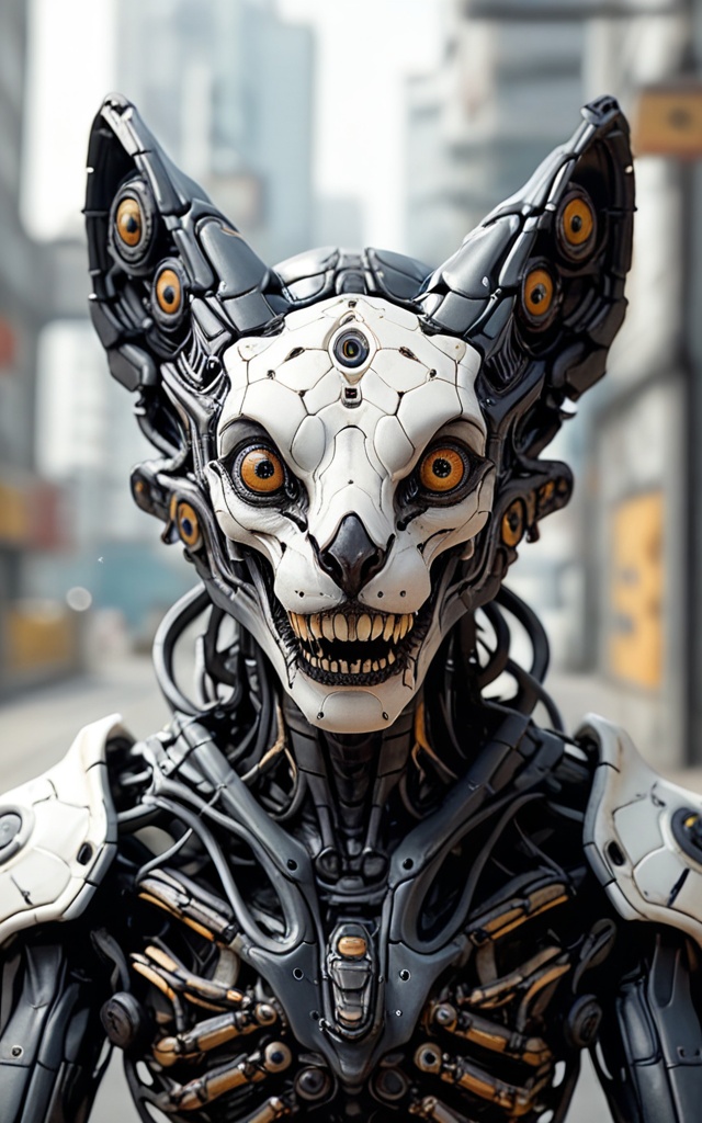 (by neytirix:1.4), by falvie, by wolfy-nail, solo, front view, arched back, ambiguous gender, cyborg, looking at viewer, grin, cybernetics, cybernetic eye, (multi eye:1.2), sharp teeth, clothed, exoskeleton, paws, detailed, shaded, blurred background, hi res, absurd res