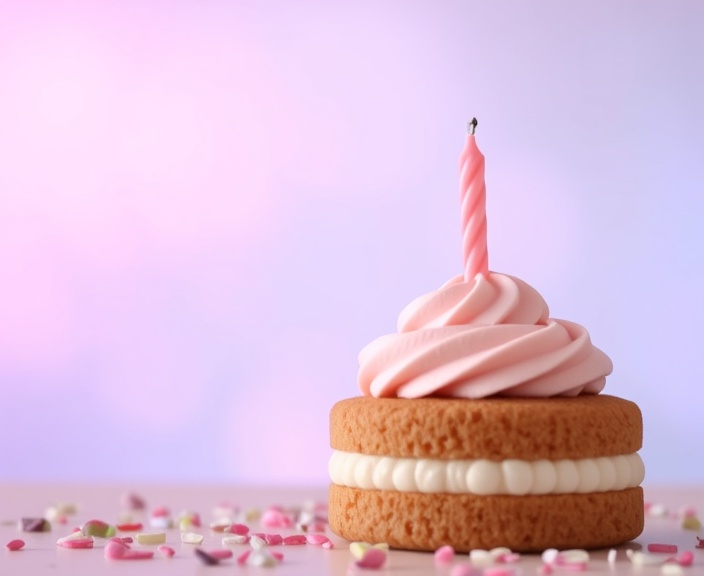 Light pink shining bluer background, in the foreground on the right, an appetizing small cake with one pink candles sticking out of a delicate pink cream in the middle