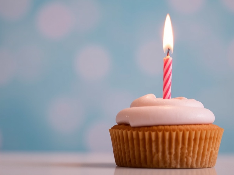 Light pink shining bluer background, in the foreground on the right, an appetizing small cake with one pink burning candles sticking out of a gently pink cream in the middle
